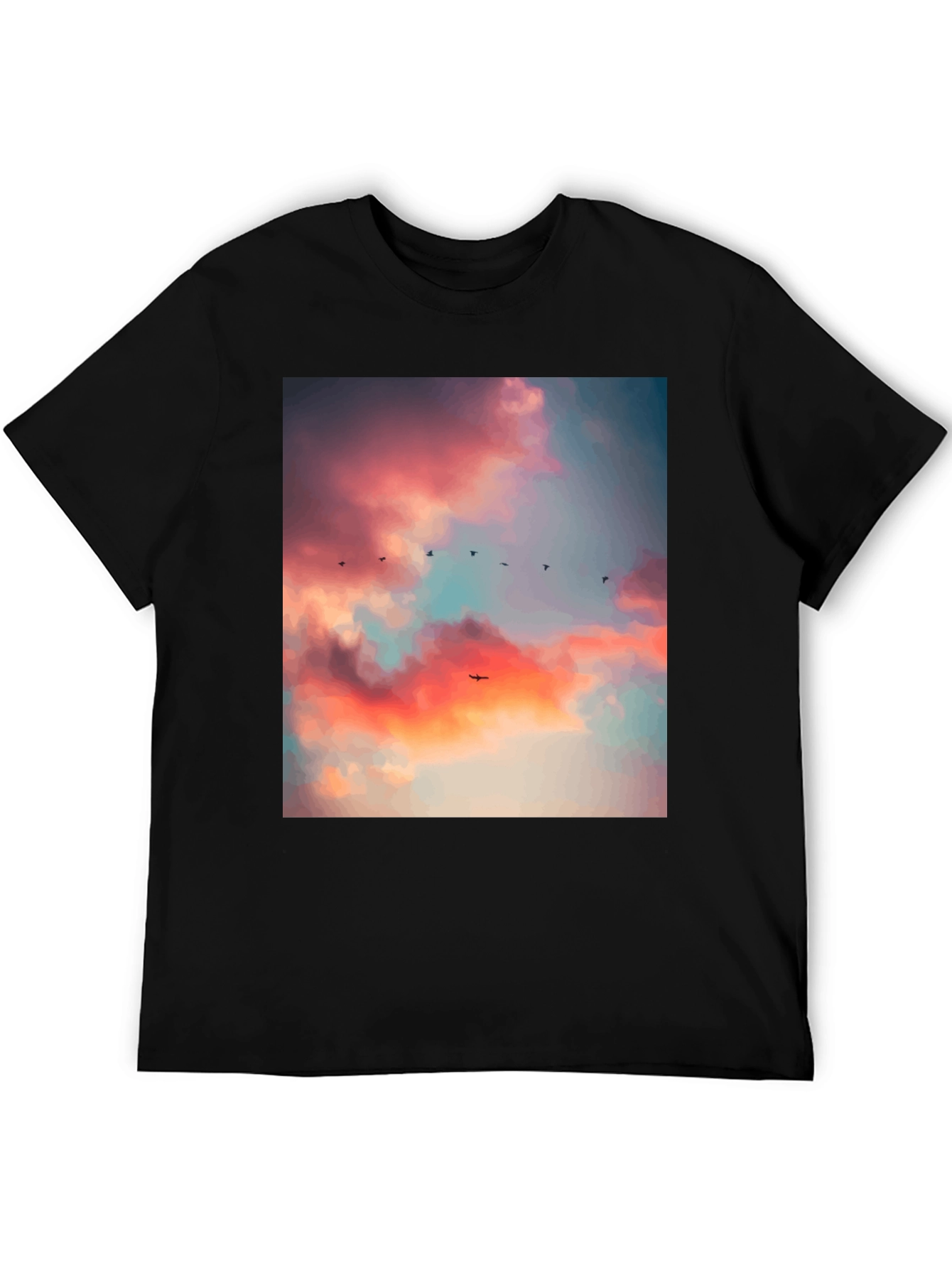 Sunset Sky Bird Print Black Tee