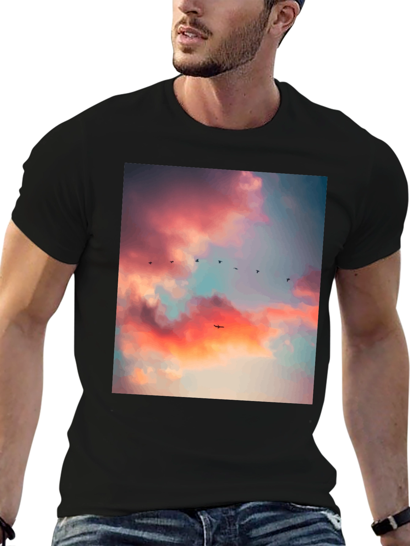 Sunset Sky Bird Print Black Tee