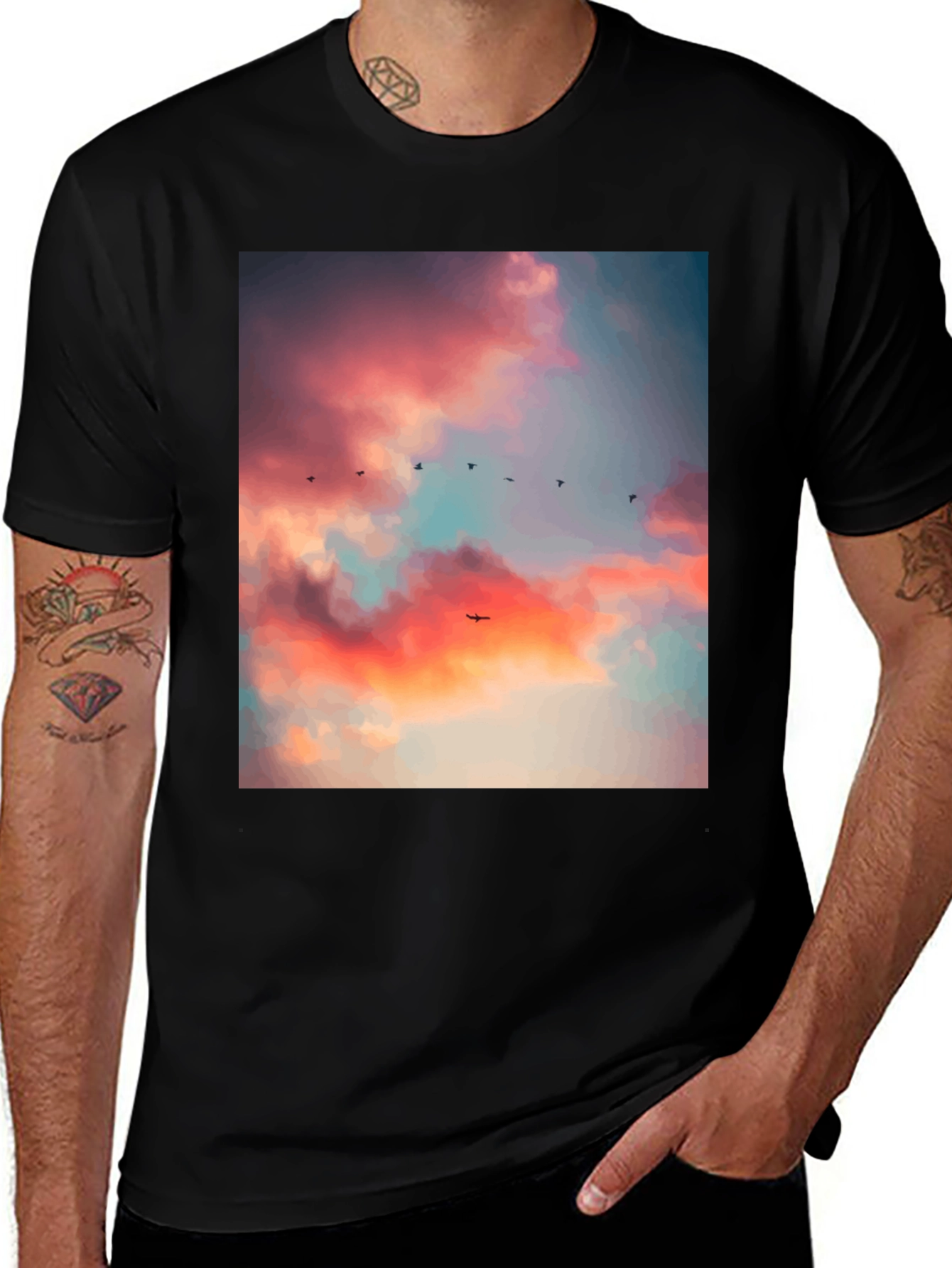 Sunset Sky Bird Print Black Tee