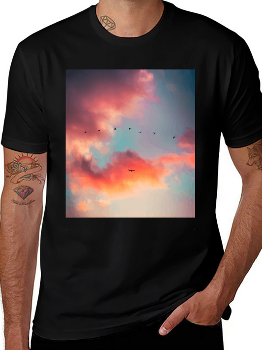 Sunset Sky Bird Print Black Tee