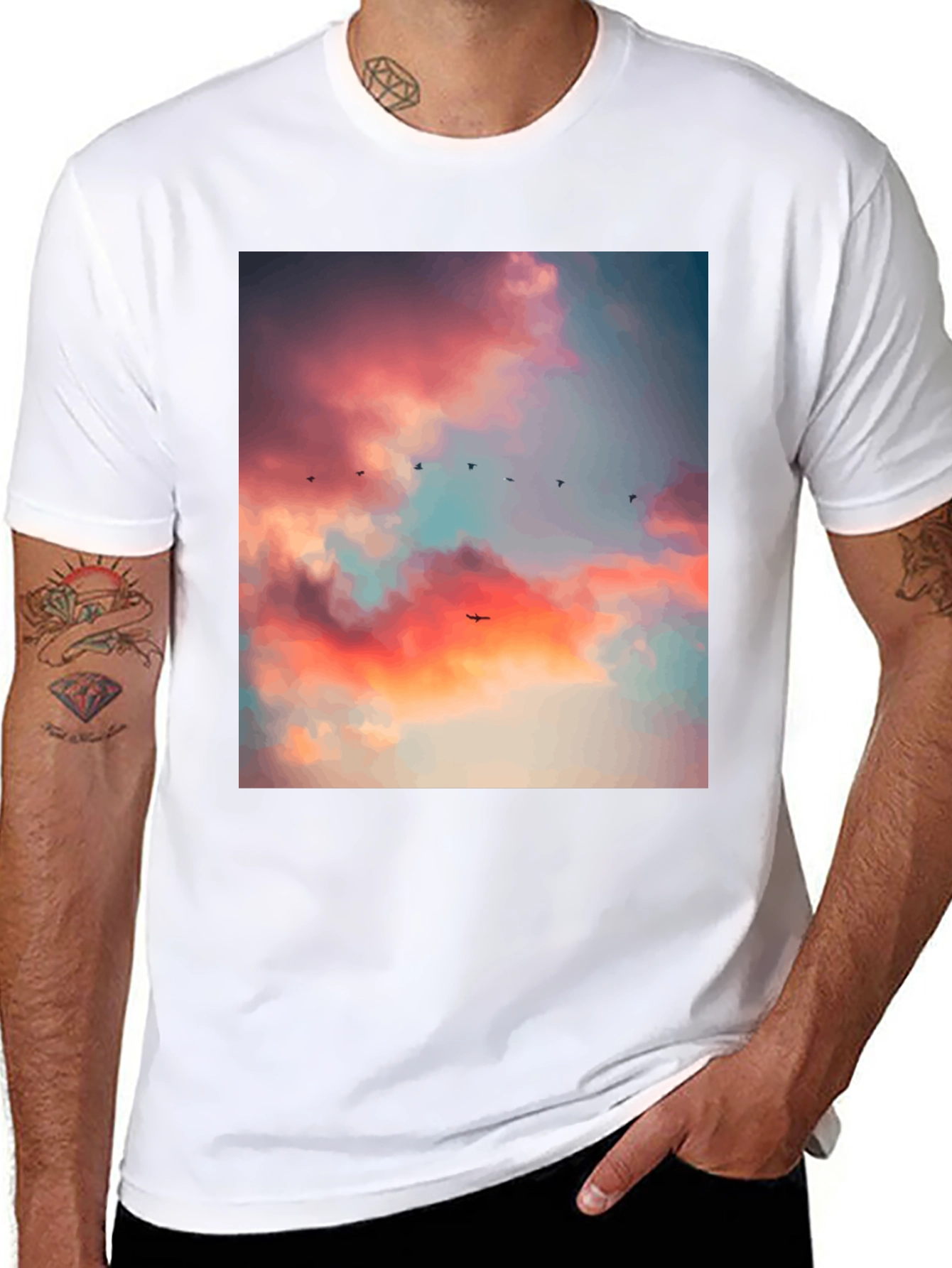 Sunset Sky Bird Print Black Tee