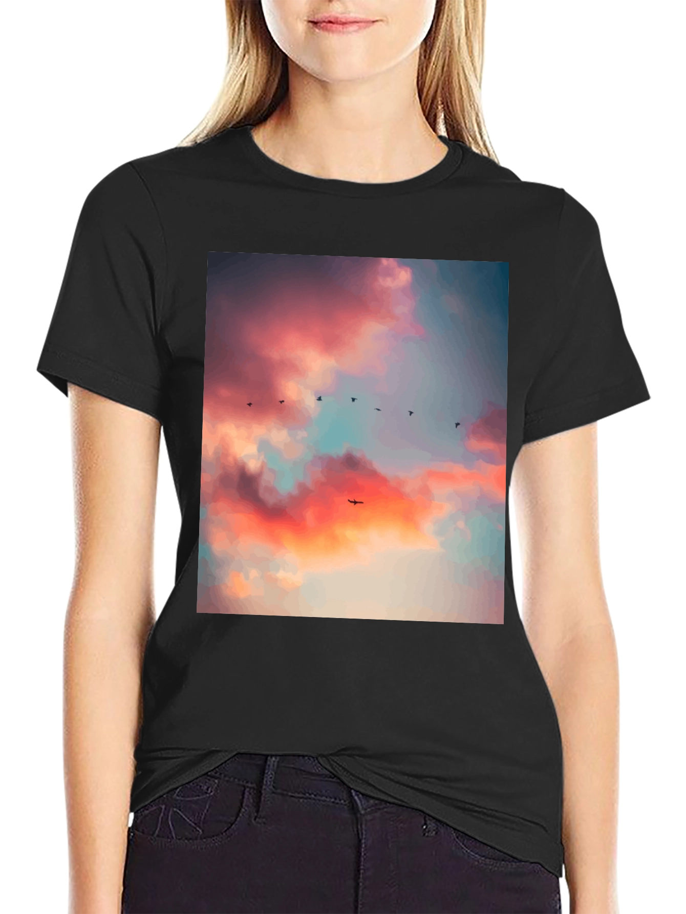 Sunset Sky Bird Print Black Tee