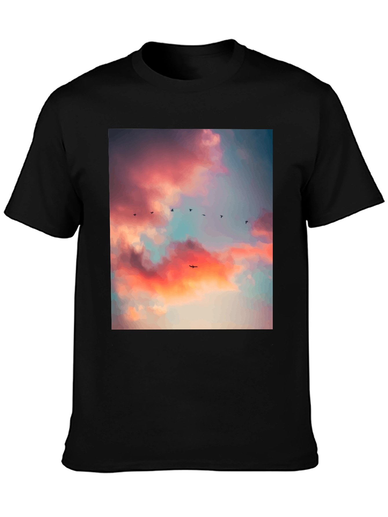 Sunset Sky Bird Print Black Tee