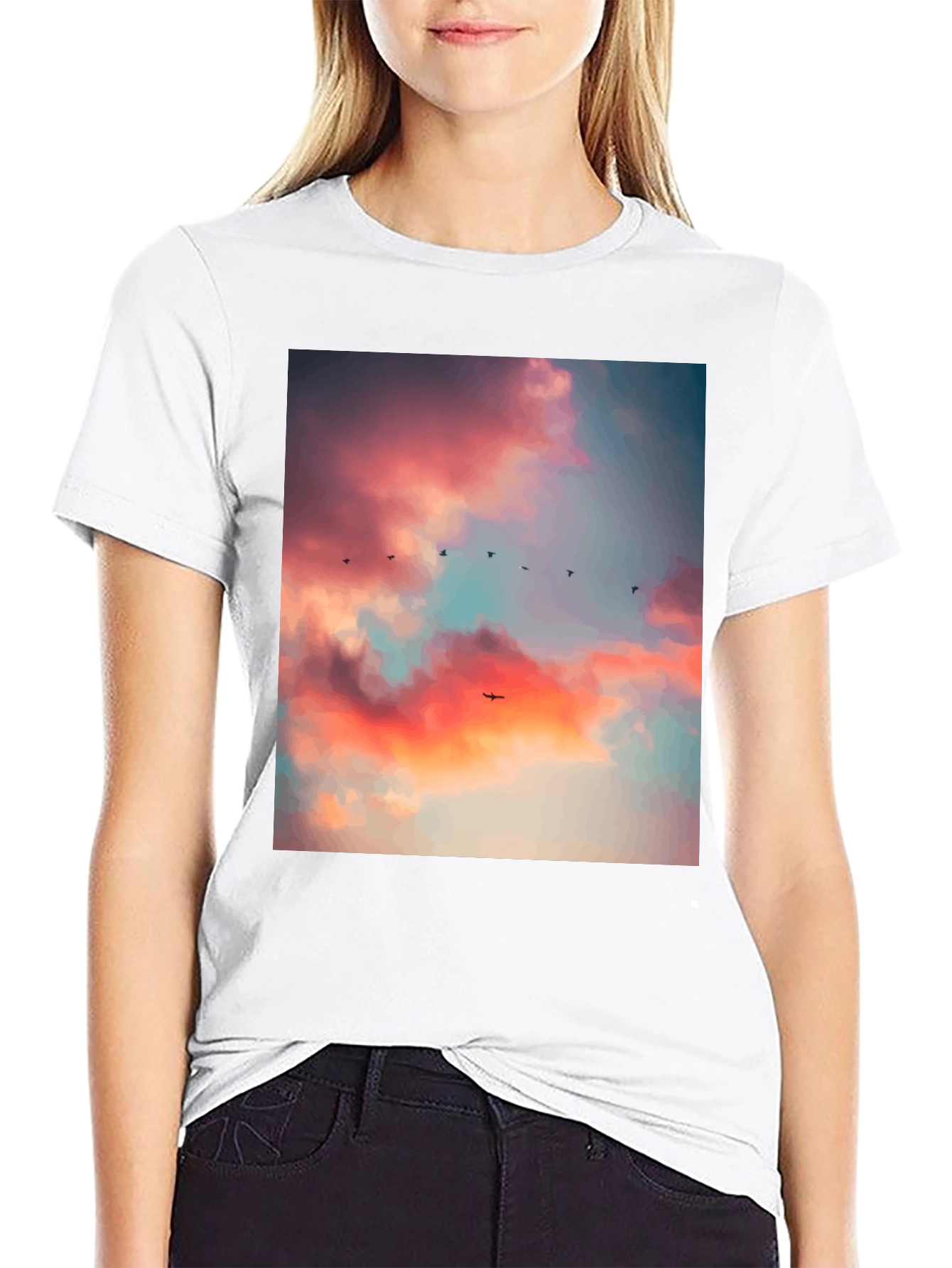 Sunset Sky Bird Print Black Tee