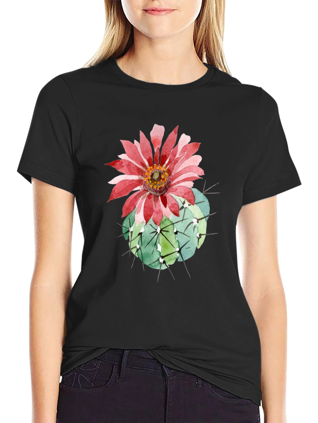 Cactus Flower Graphic Tee - Black Cotton T-Shirt