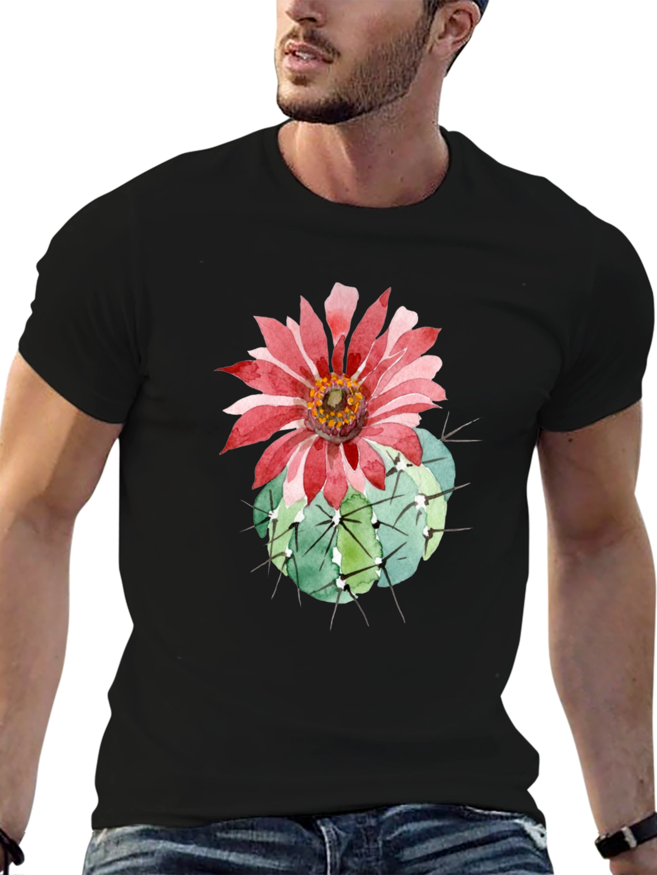 Cactus Flower Graphic Tee - Black Cotton T-Shirt