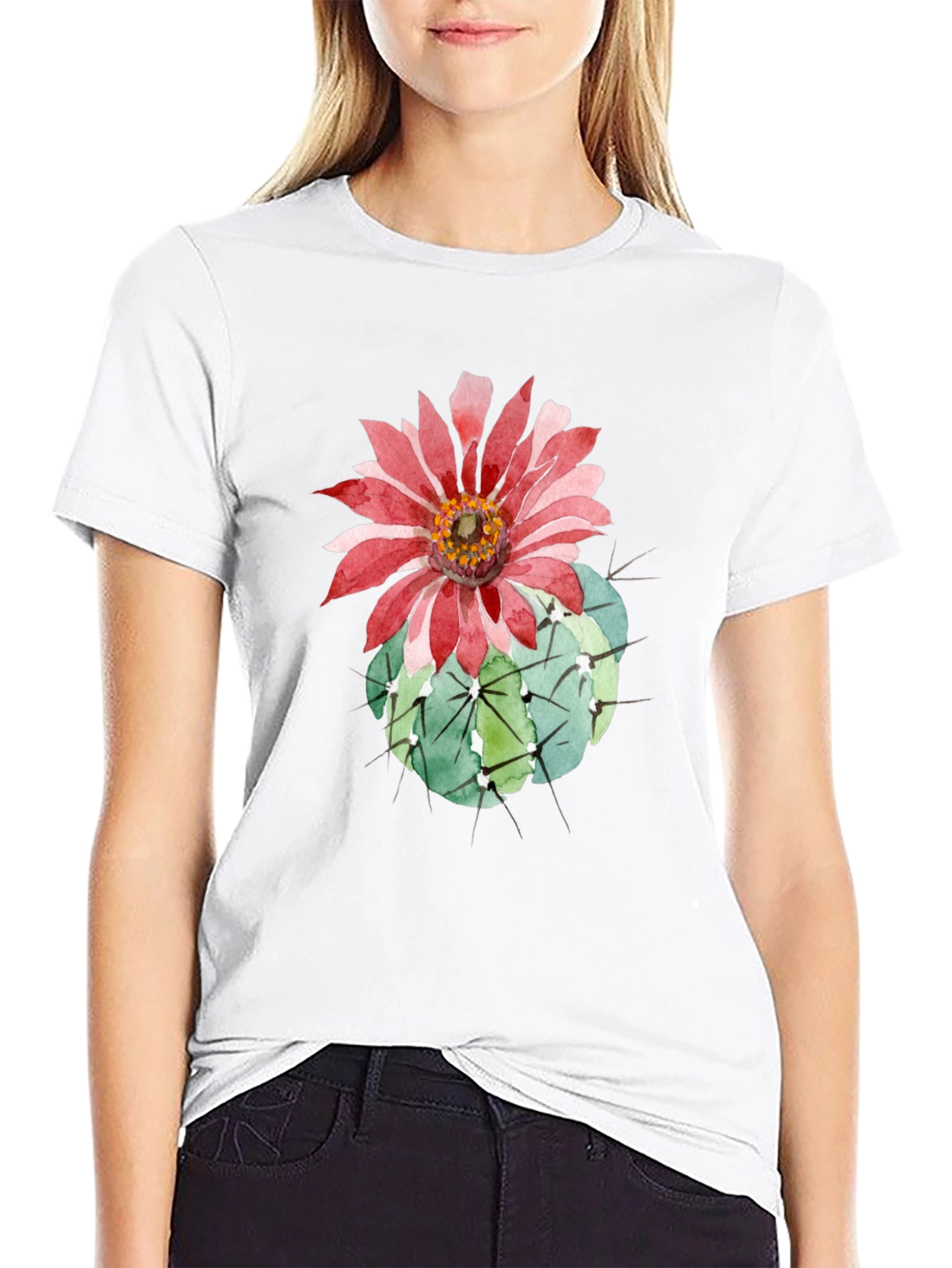 Cactus Flower Graphic Tee - Black Cotton T-Shirt