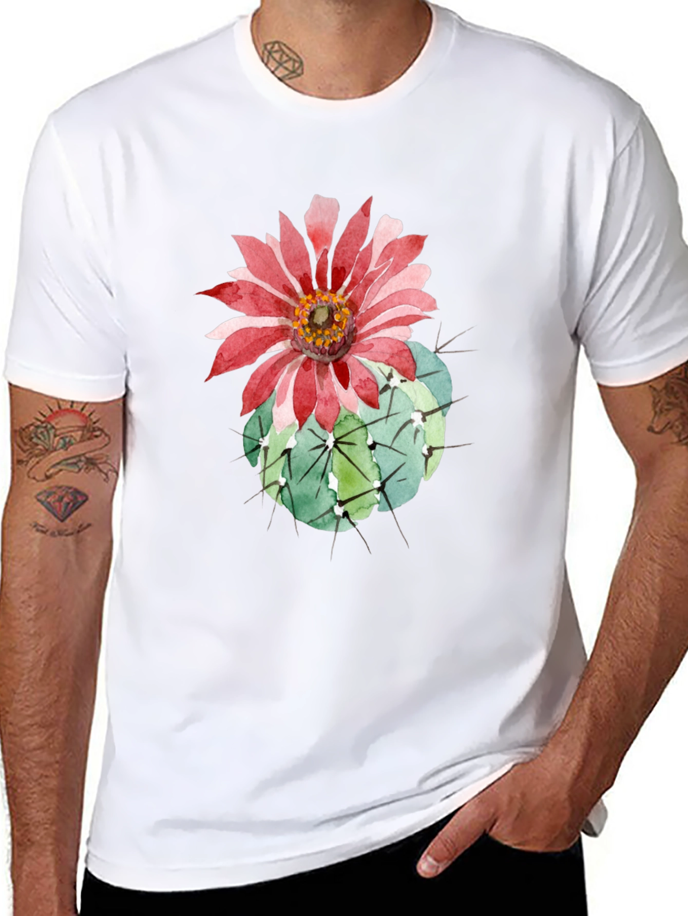 Cactus Flower Graphic Tee - Black Cotton T-Shirt