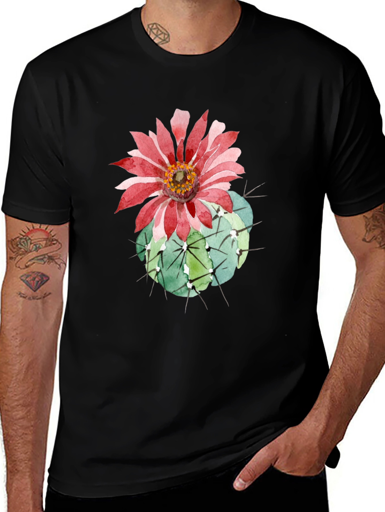 Cactus Flower Graphic Tee - Black Cotton T-Shirt