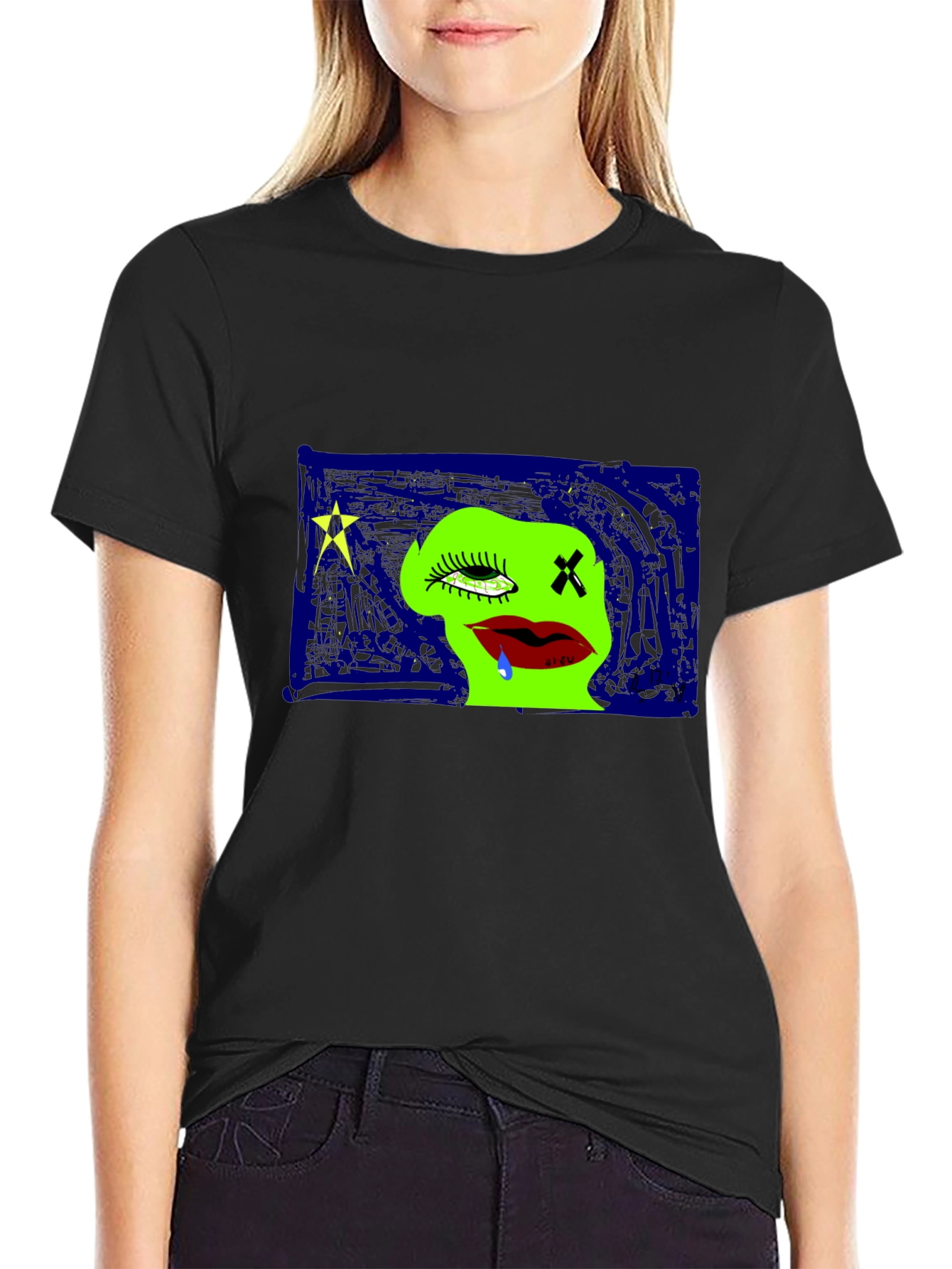 Unique Graphic Print Crew Neck Tee - Black