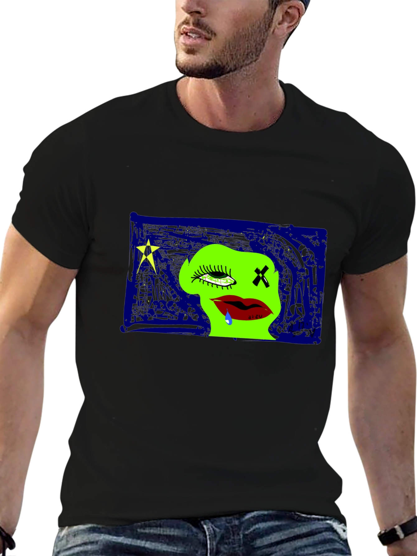 Unique Graphic Print Crew Neck Tee - Black