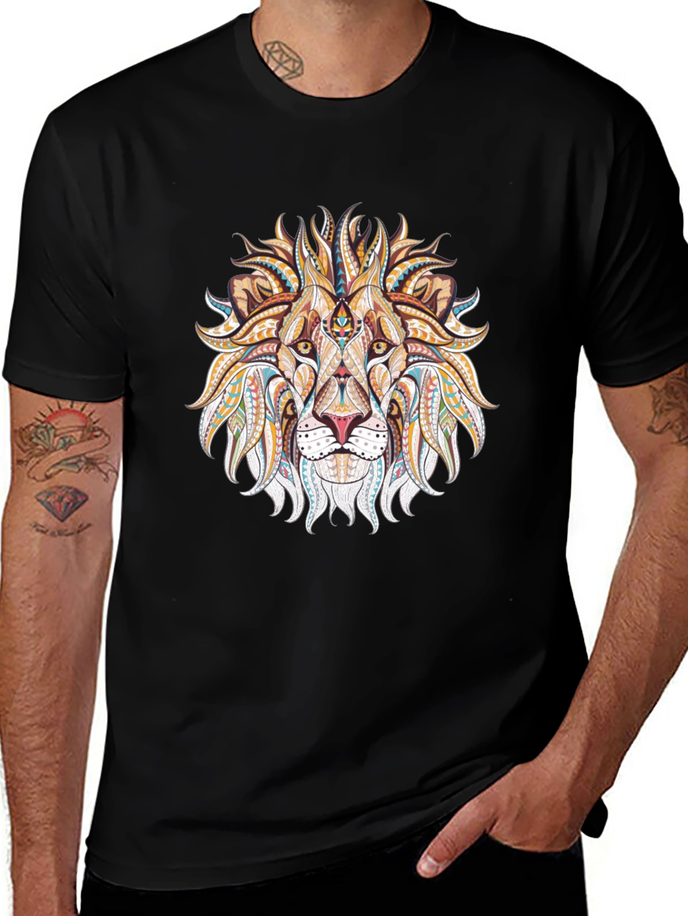 Lion Head Graphic Tee - Tribal Design Black T-Shirt