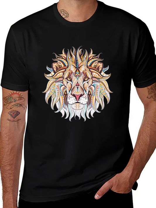 Lion Head Graphic Tee - Tribal Design Black T-Shirt