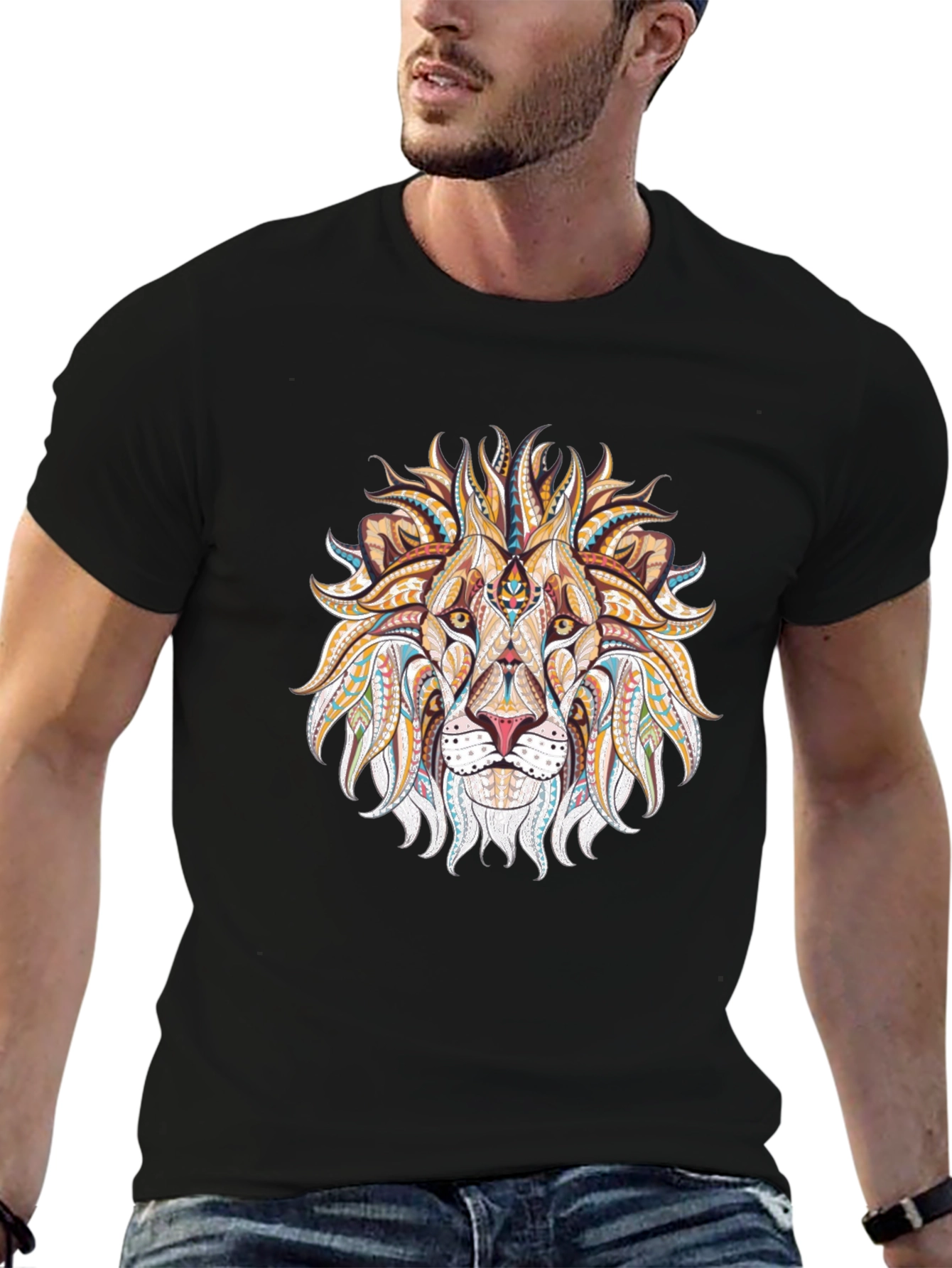 Lion Head Graphic Tee - Tribal Design Black T-Shirt
