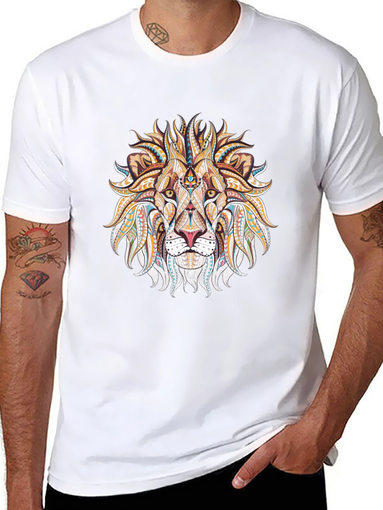 Lion Head Graphic Tee - Tribal Design Black T-Shirt