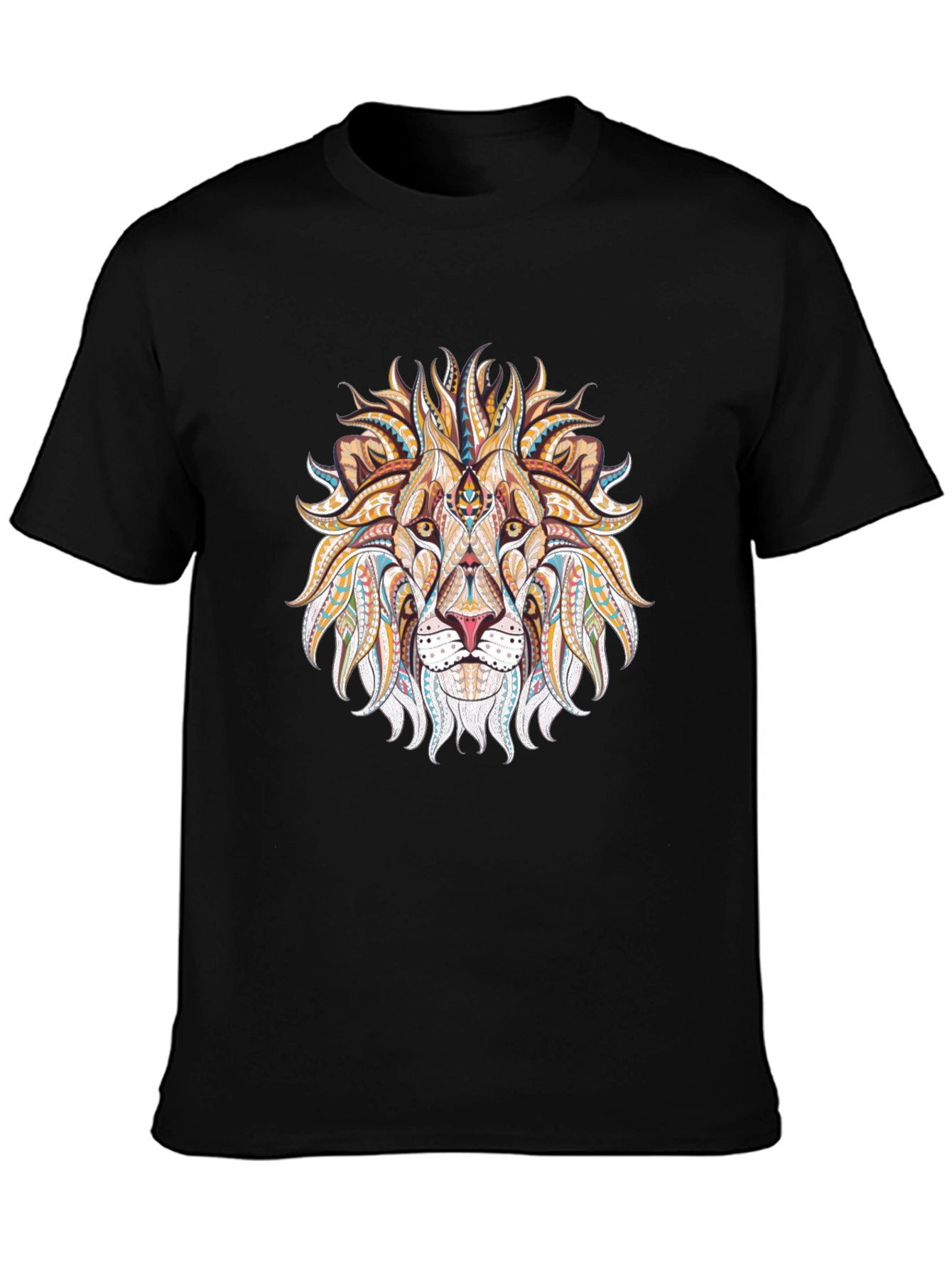 Lion Head Graphic Tee - Tribal Design Black T-Shirt
