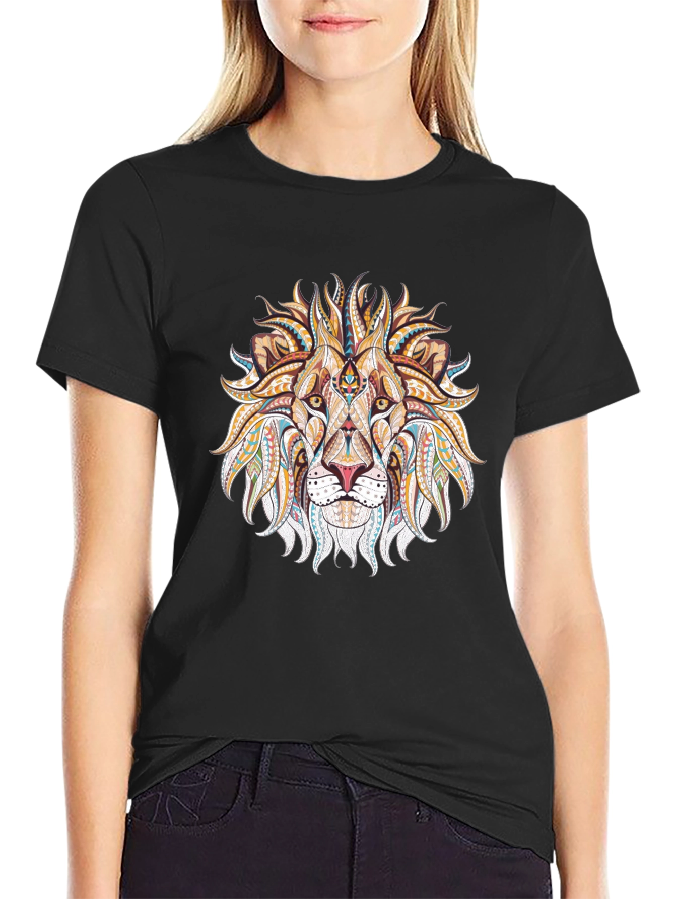 Lion Head Graphic Tee - Tribal Design Black T-Shirt