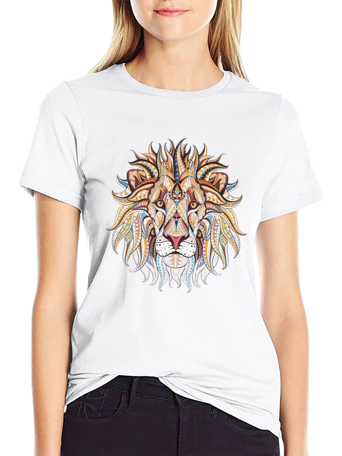Lion Head Graphic Tee - Tribal Design Black T-Shirt