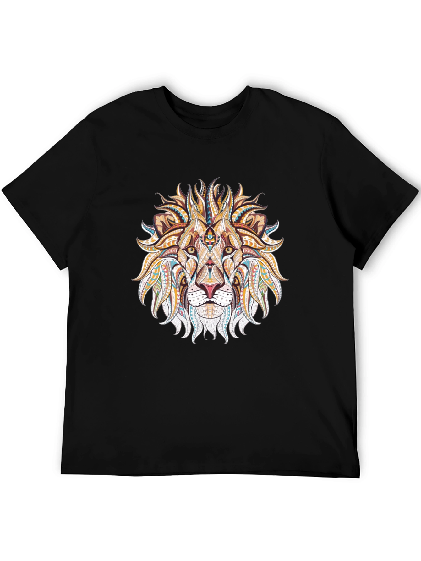 Lion Head Graphic Tee - Tribal Design Black T-Shirt