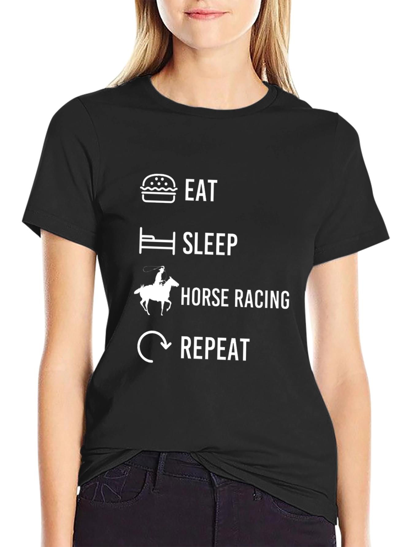 Eat Sleep Horse Racing Repeat Black Graphic T-Shirt