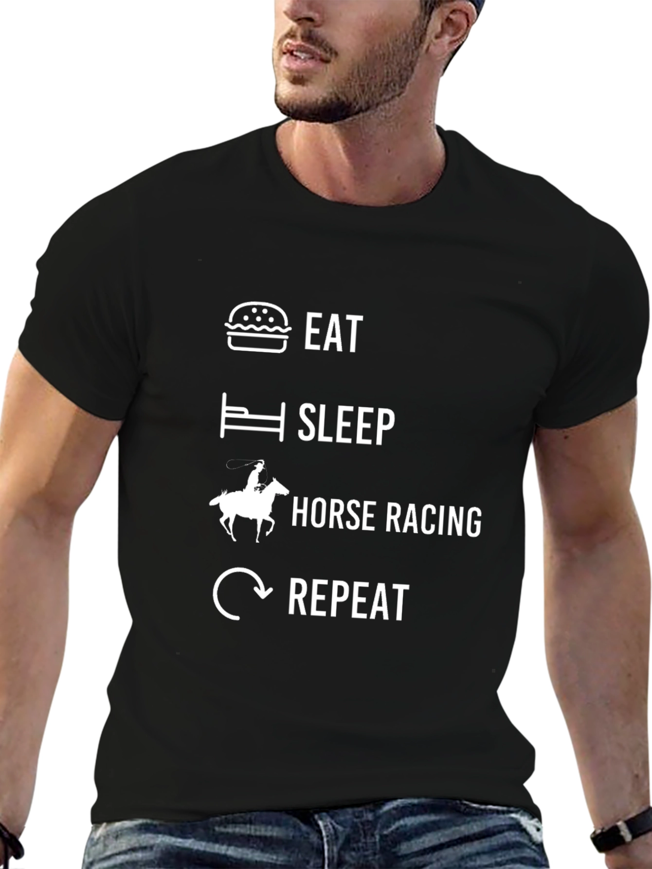 Eat Sleep Horse Racing Repeat Black Graphic T-Shirt