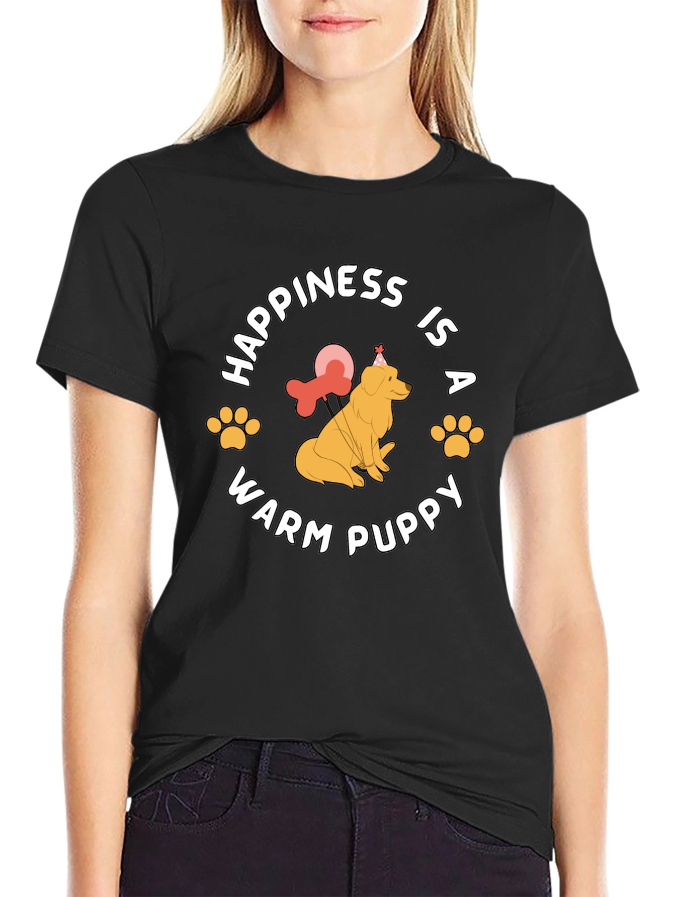 Happiness is a Warm Puppy Black T-Shirt