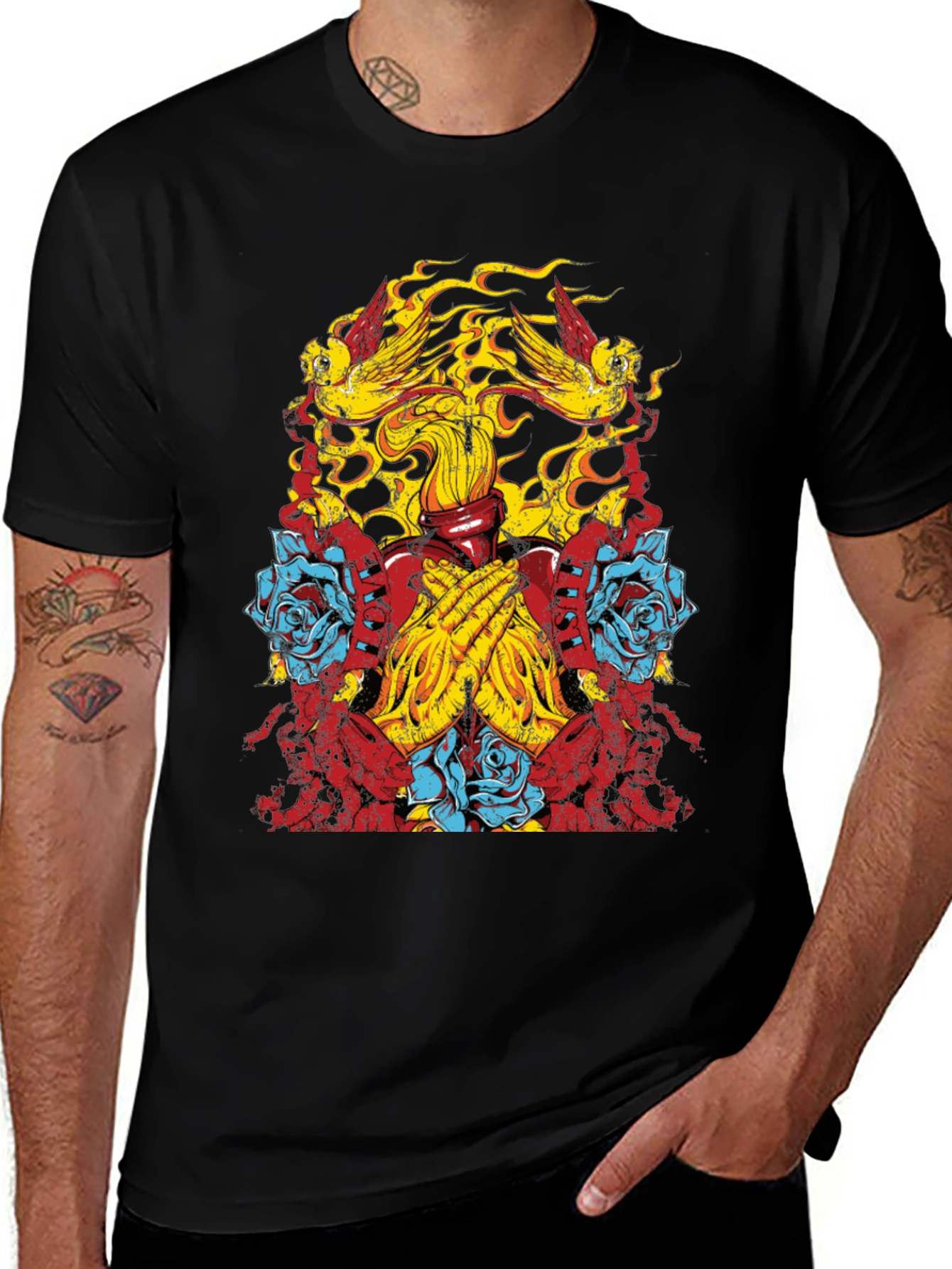 Graphic Print Tee - Birds Roses Praying Hands