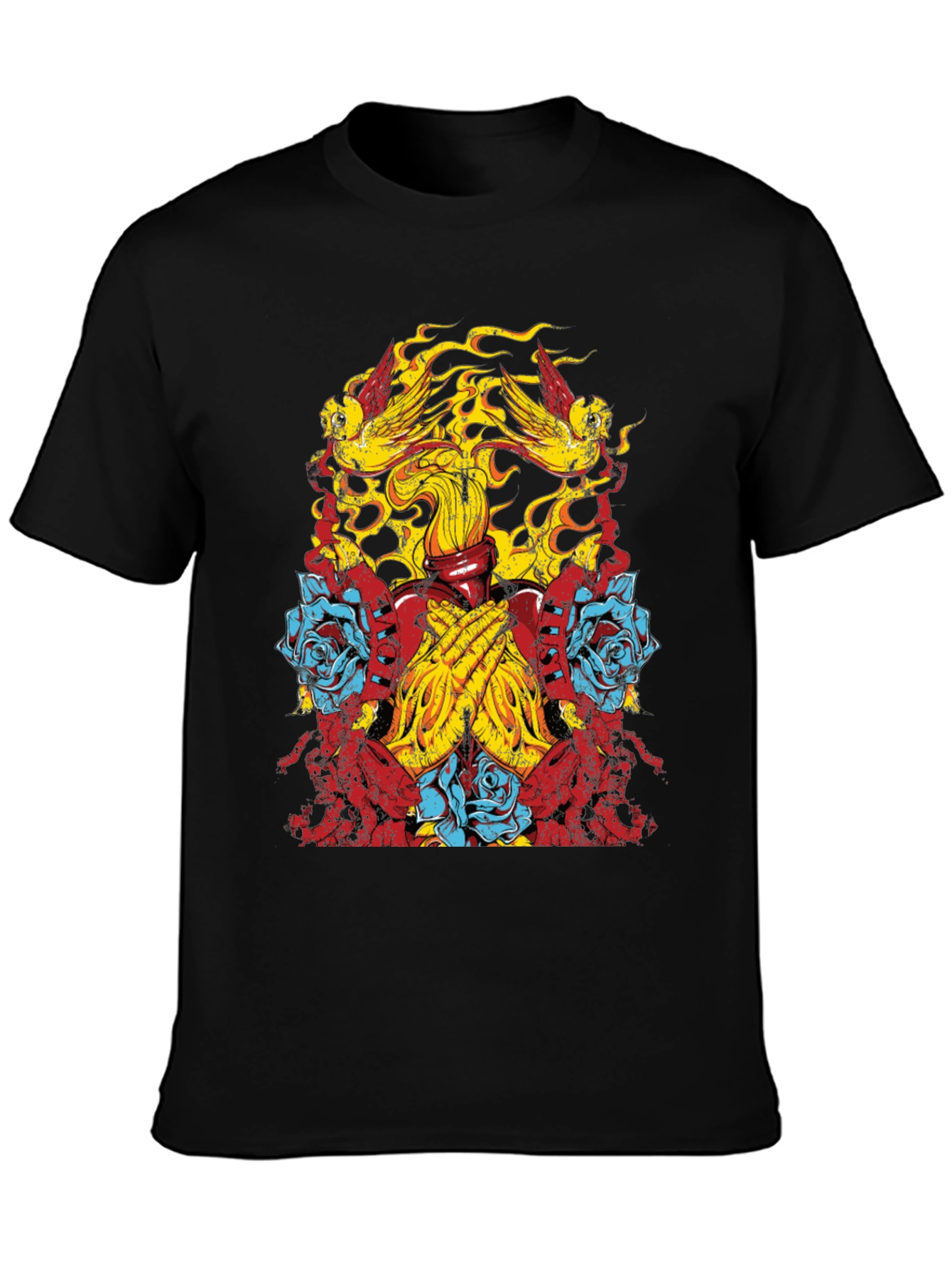Graphic Print Tee - Birds Roses Praying Hands