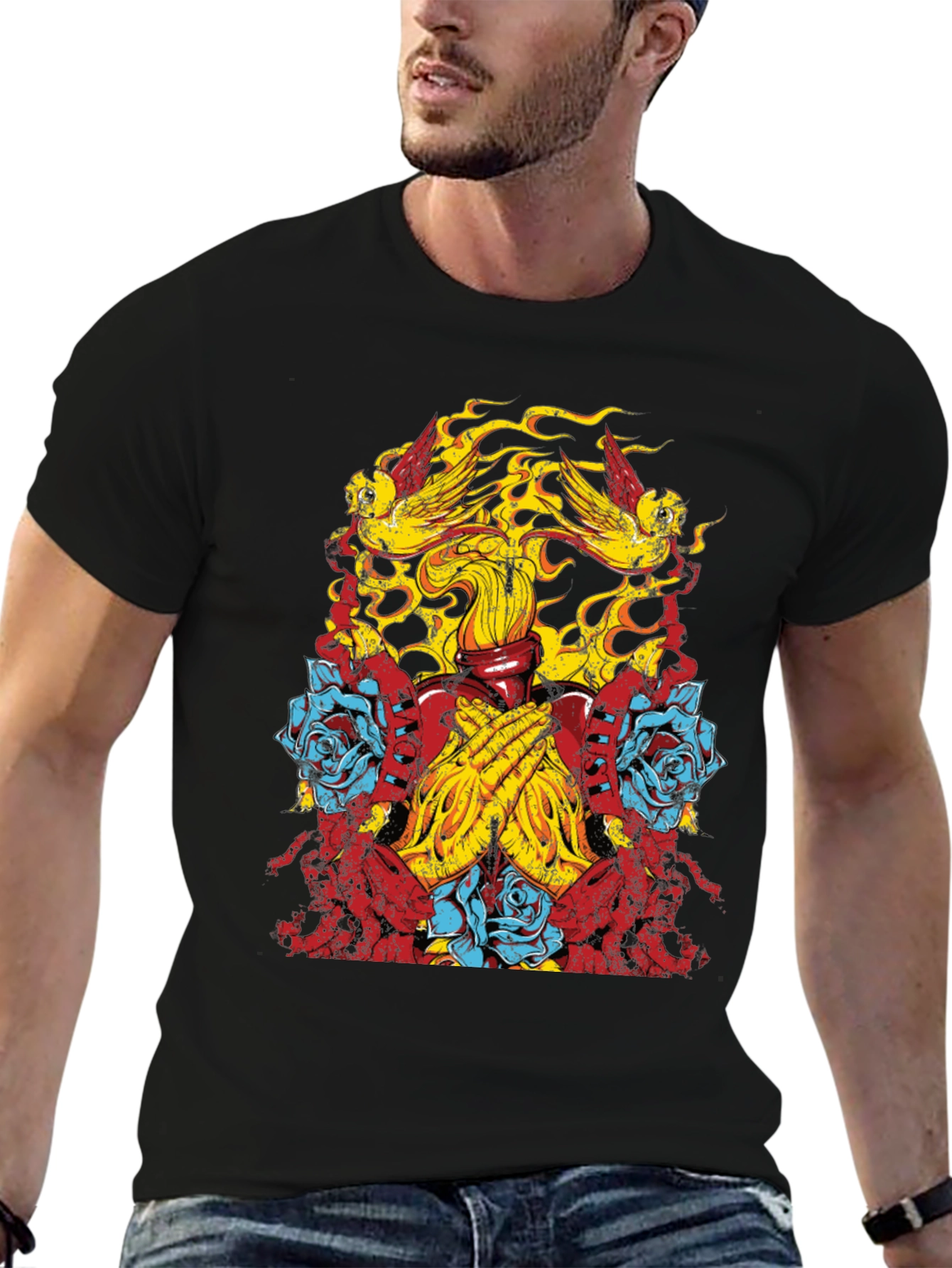 Graphic Print Tee - Birds Roses Praying Hands