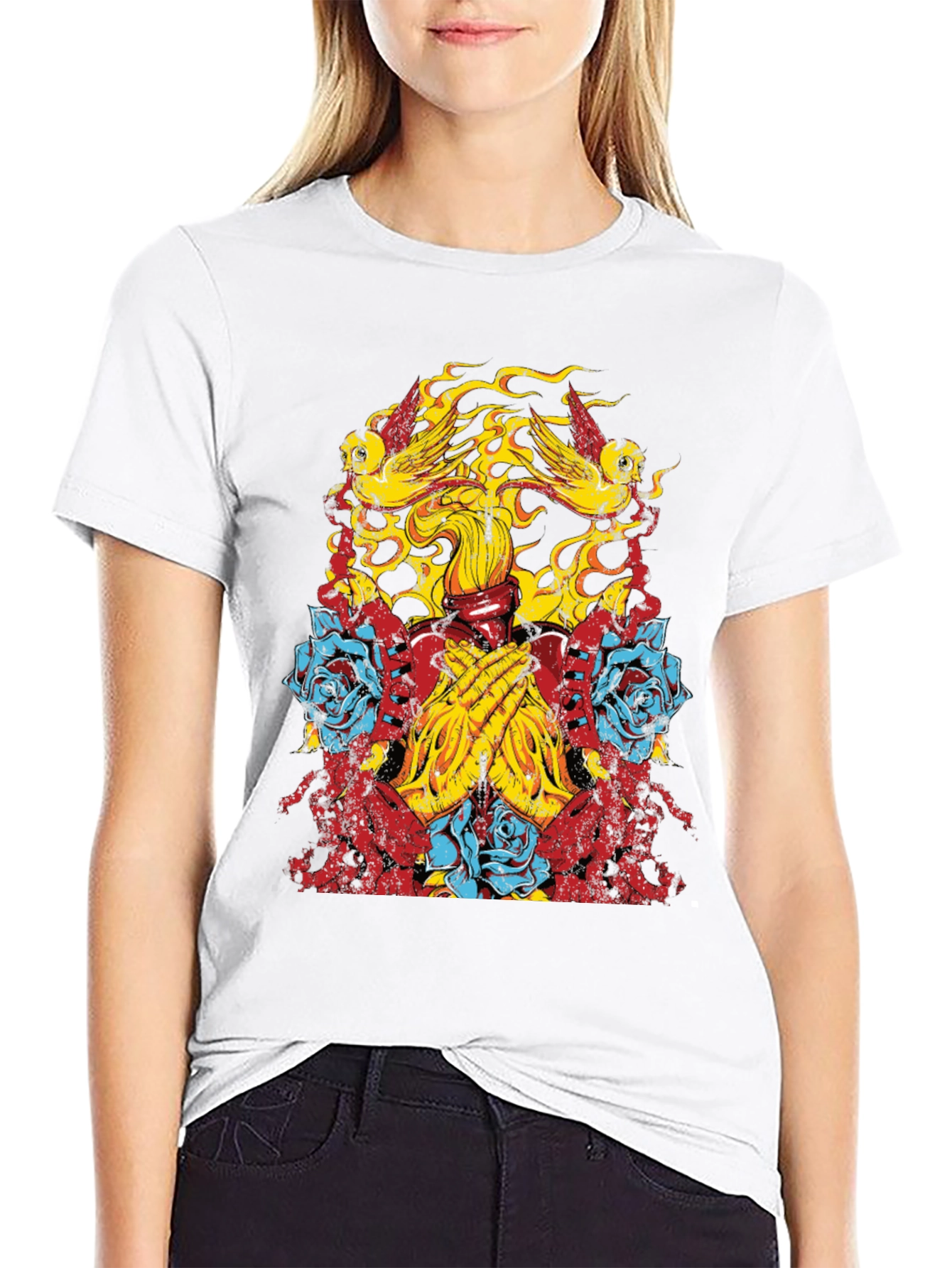 Graphic Print Tee - Birds Roses Praying Hands