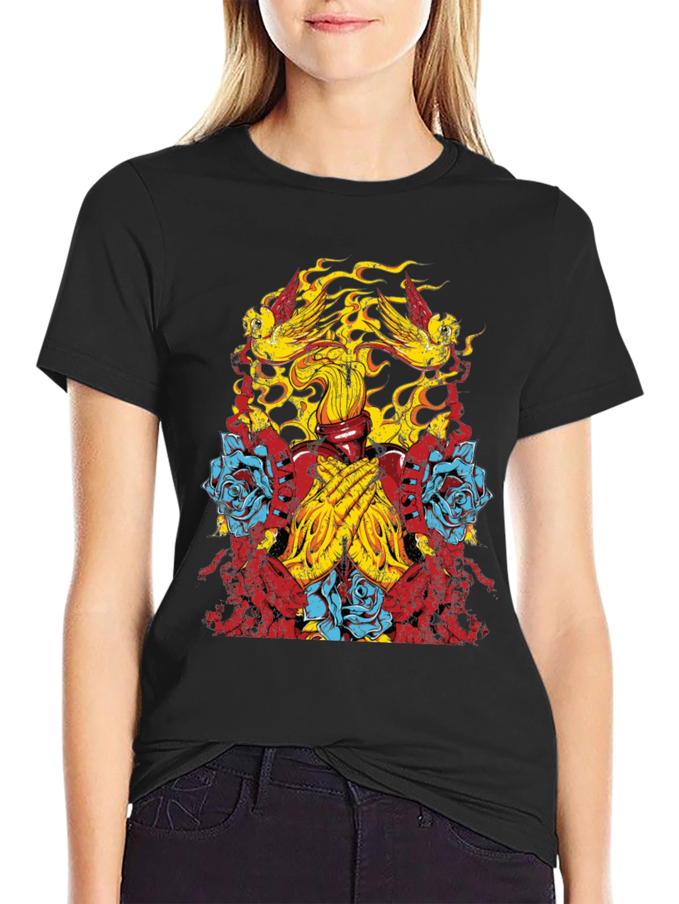 Graphic Print Tee - Birds Roses Praying Hands