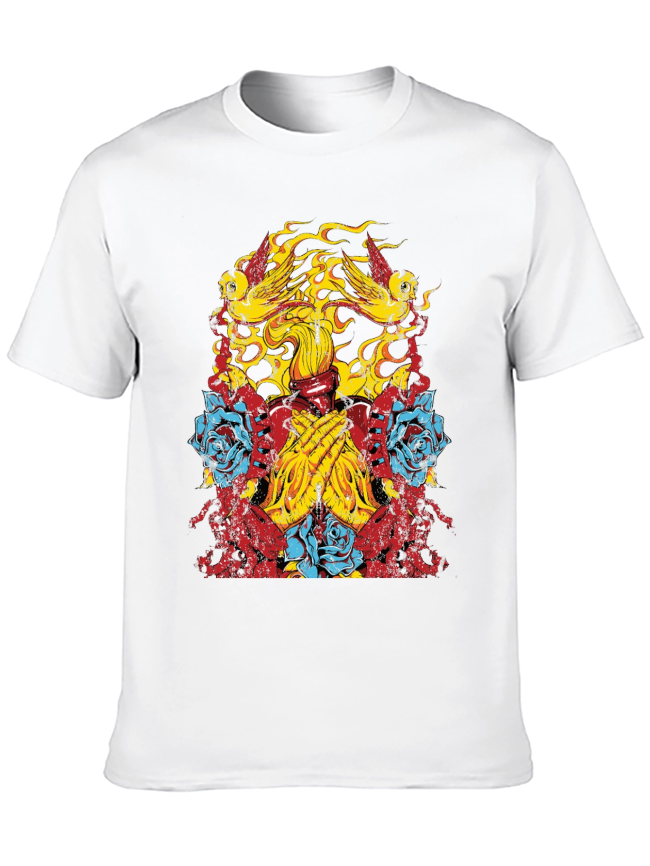 Graphic Print Tee - Birds Roses Praying Hands