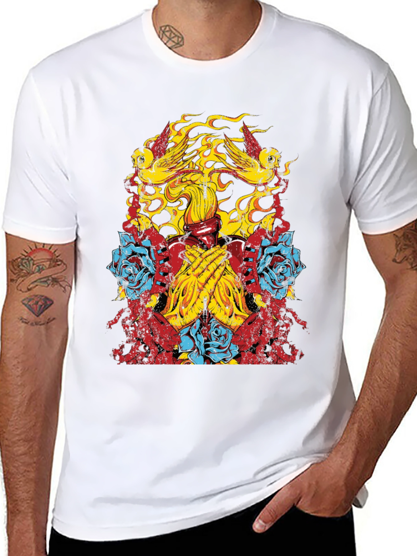 Graphic Print Tee - Birds Roses Praying Hands