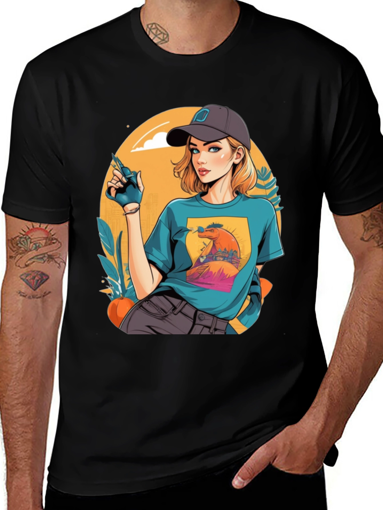 Retro Cartoon Girl Black T-Shirt