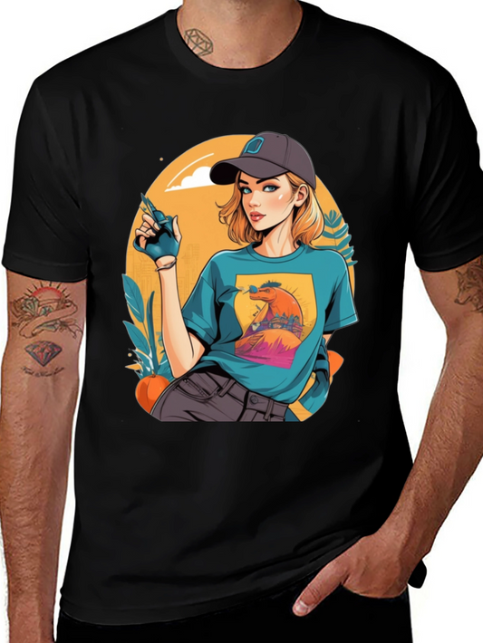 Retro Cartoon Girl Black T-Shirt