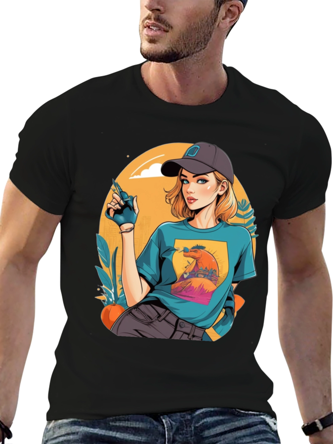Retro Cartoon Girl Black T-Shirt