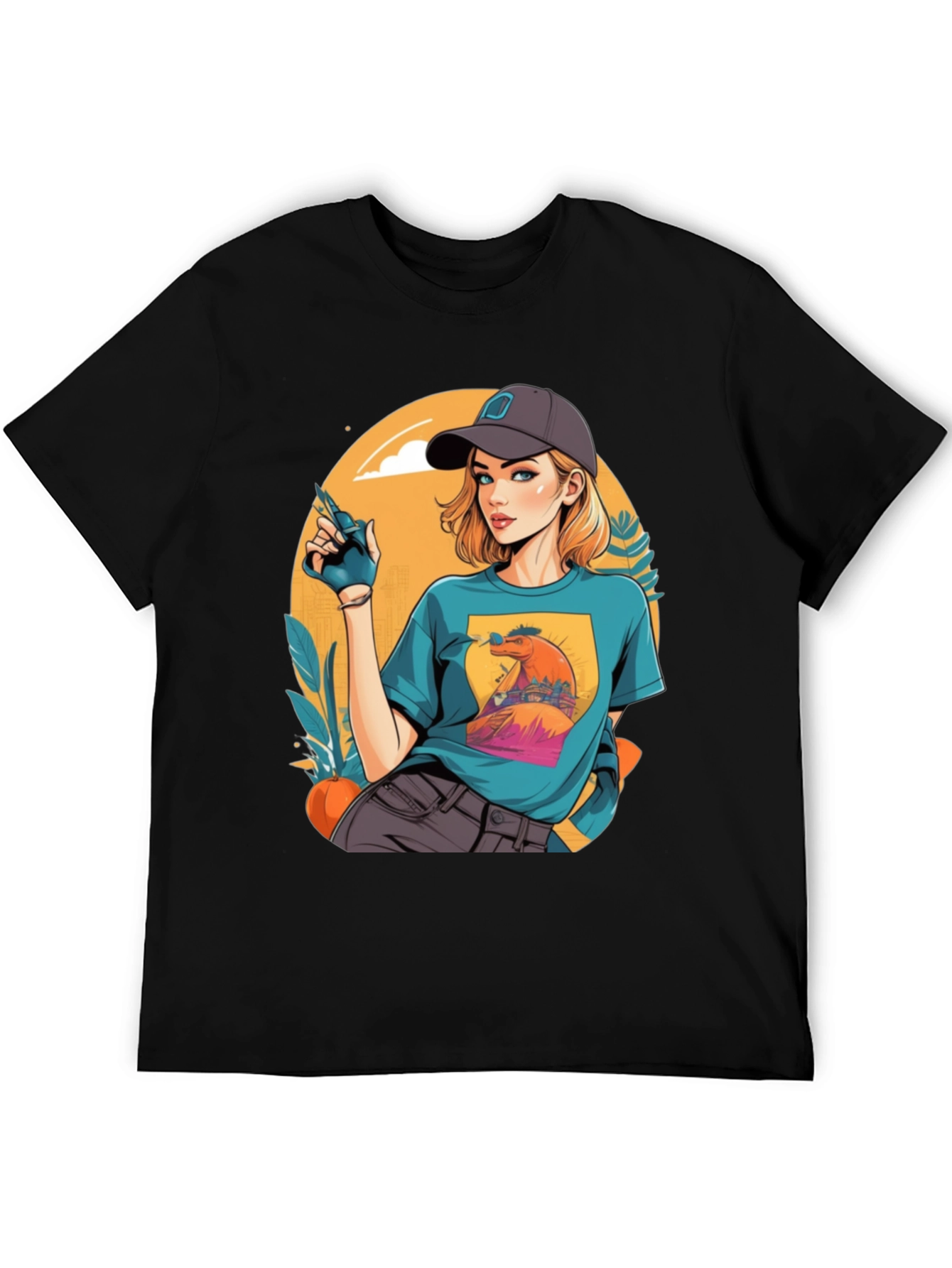 Retro Cartoon Girl Black T-Shirt