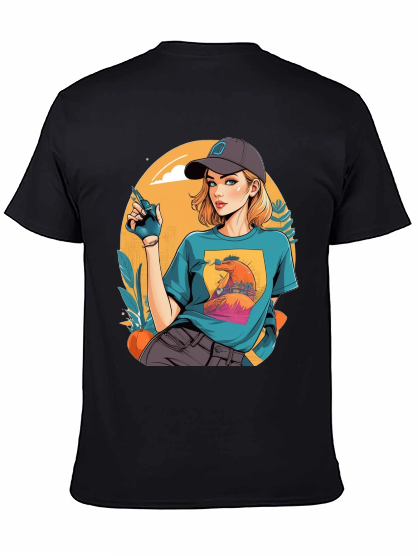 Retro Cartoon Girl Black T-Shirt
