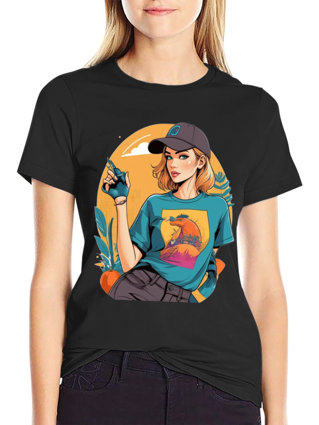 Retro Cartoon Girl Black T-Shirt