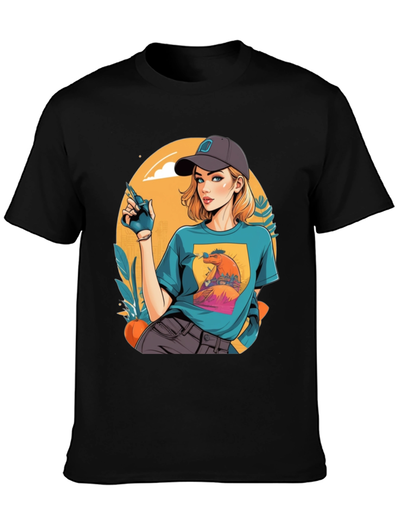 Retro Cartoon Girl Black T-Shirt