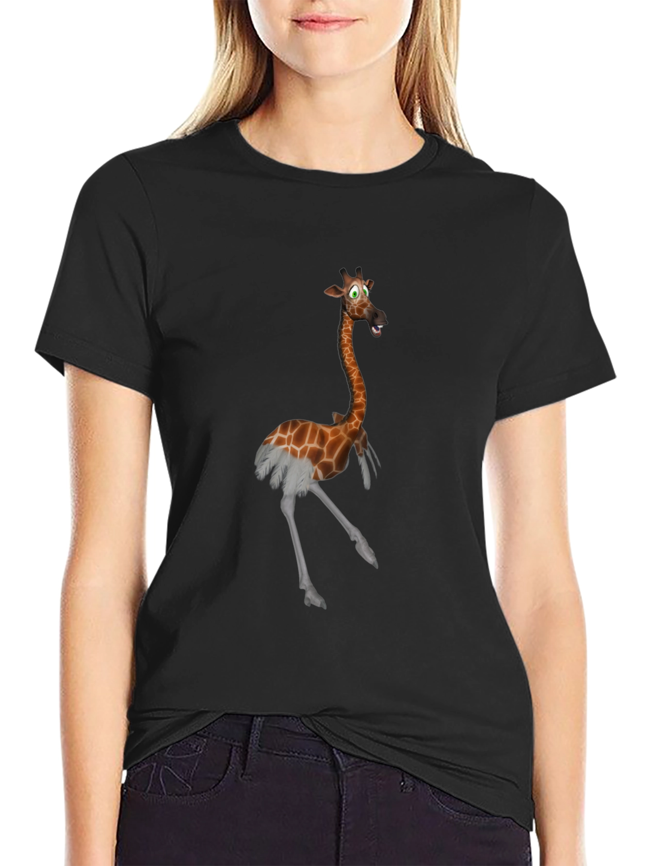 Giraffe Ostrich Hybrid Black T-Shirt