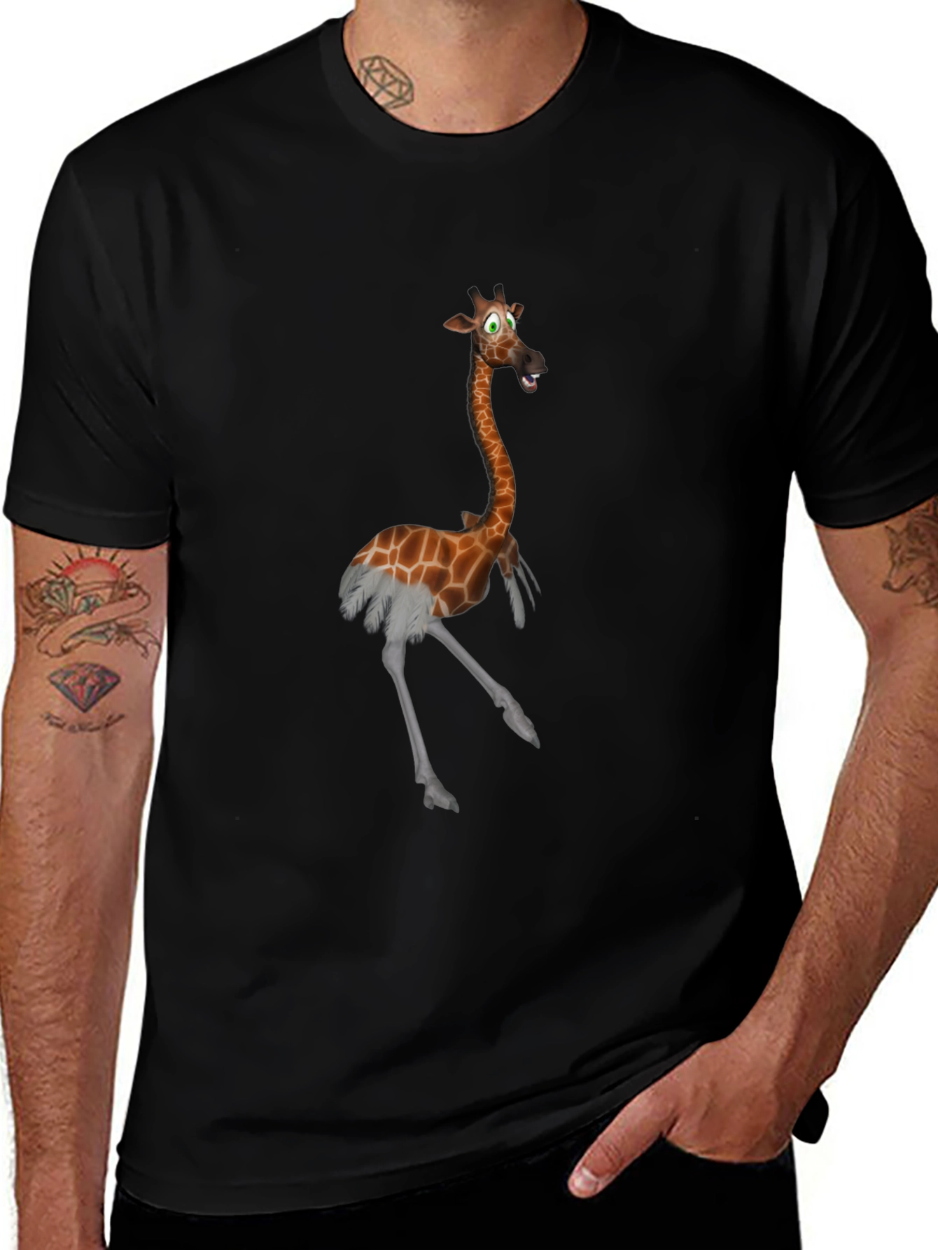 Giraffe Ostrich Hybrid Black T-Shirt