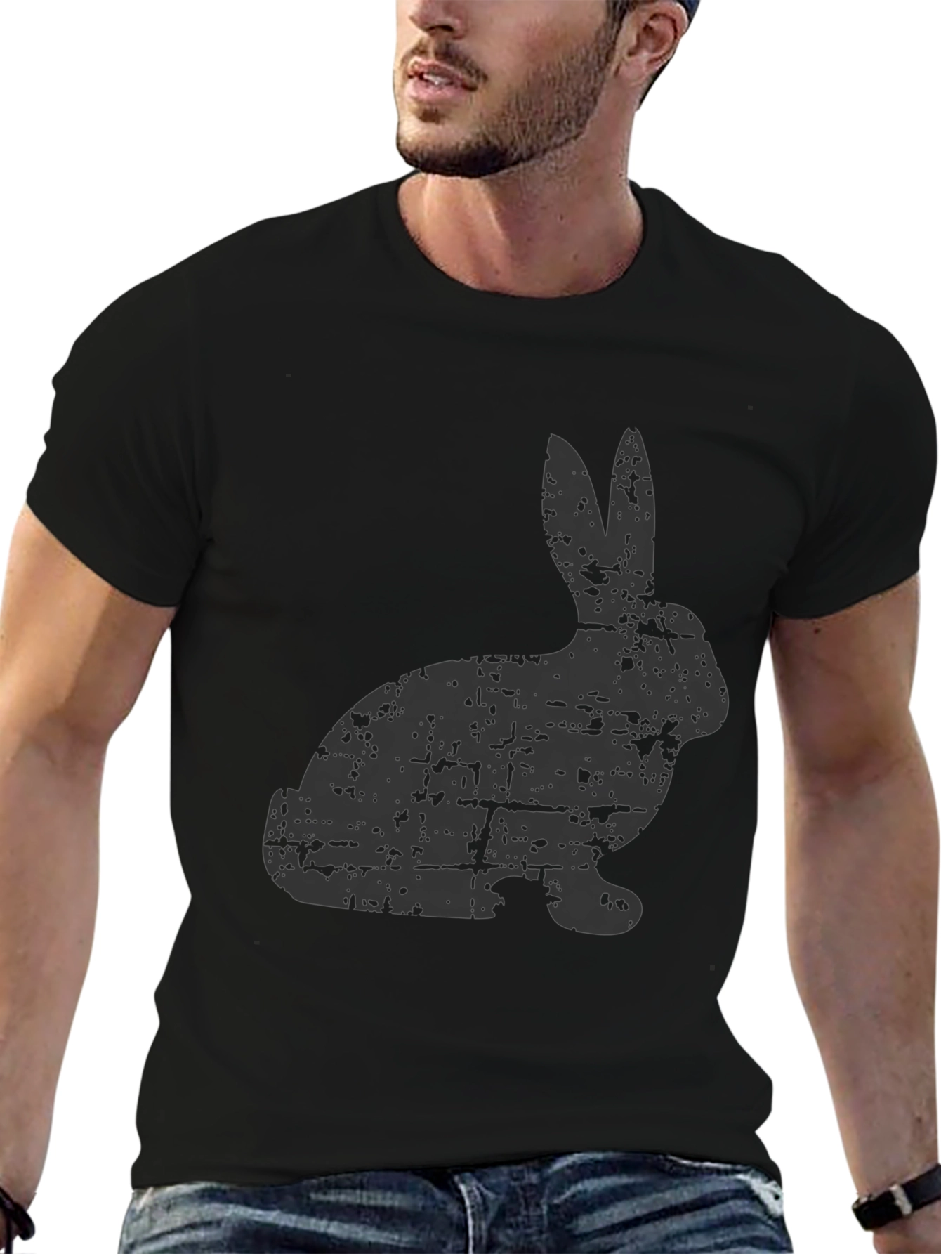 Distressed Rabbit Graphic Tee - Black Cotton Casual Shirt