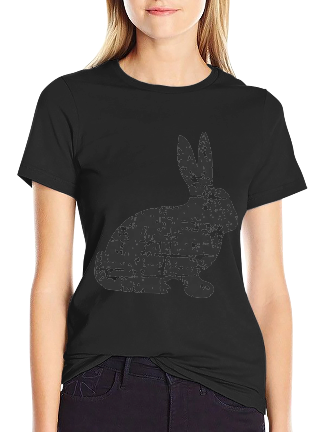 Distressed Rabbit Graphic Tee - Black Cotton Casual Shirt