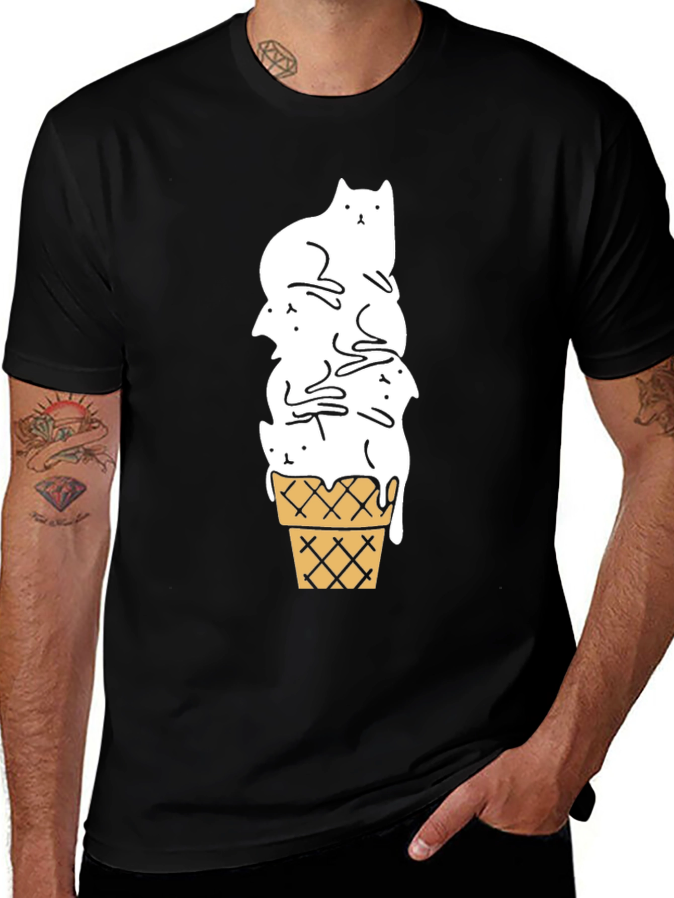 Cat Ice Cream Cone Black T-Shirt