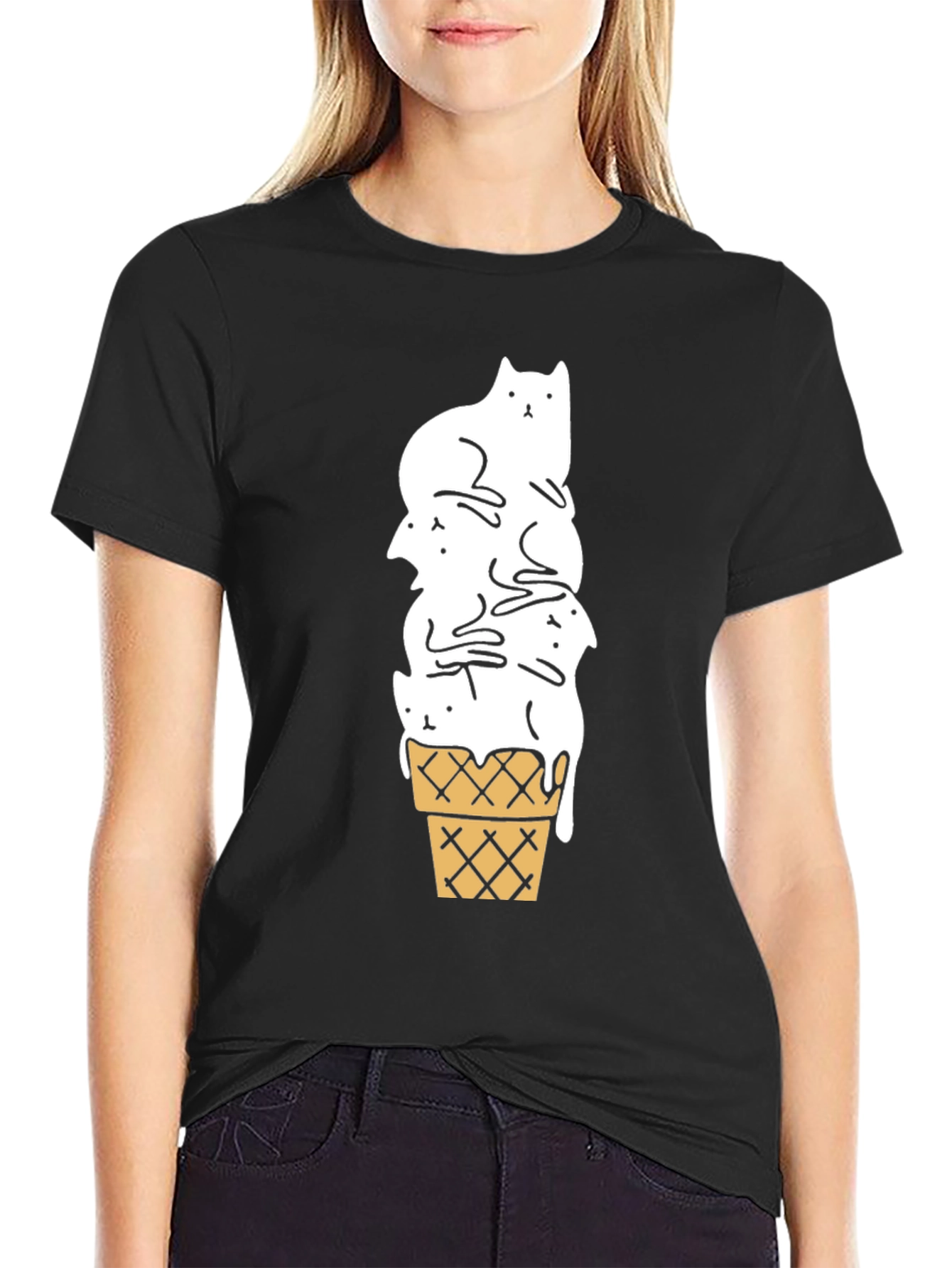 Cat Ice Cream Cone Black T-Shirt