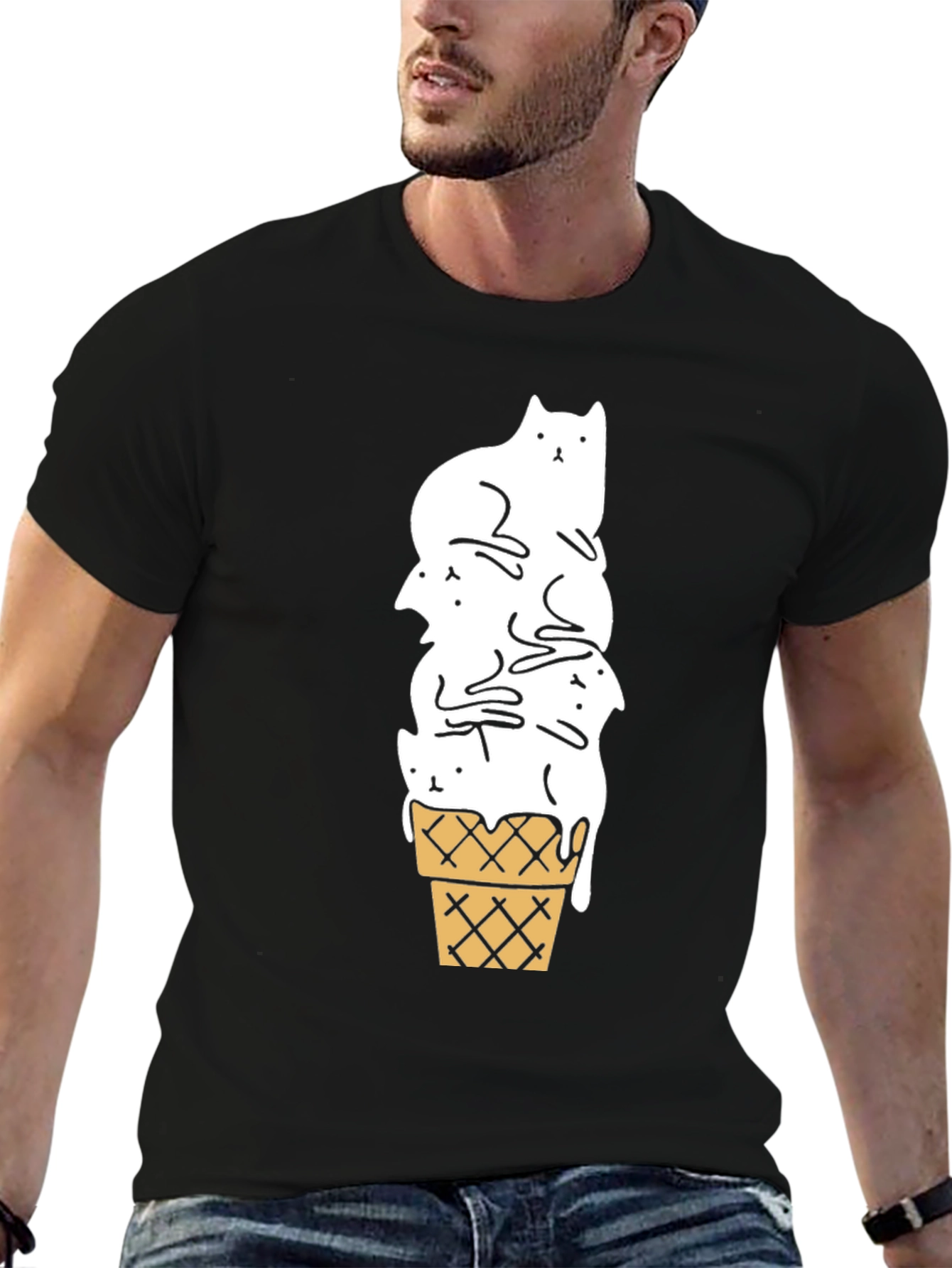 Cat Ice Cream Cone Black T-Shirt