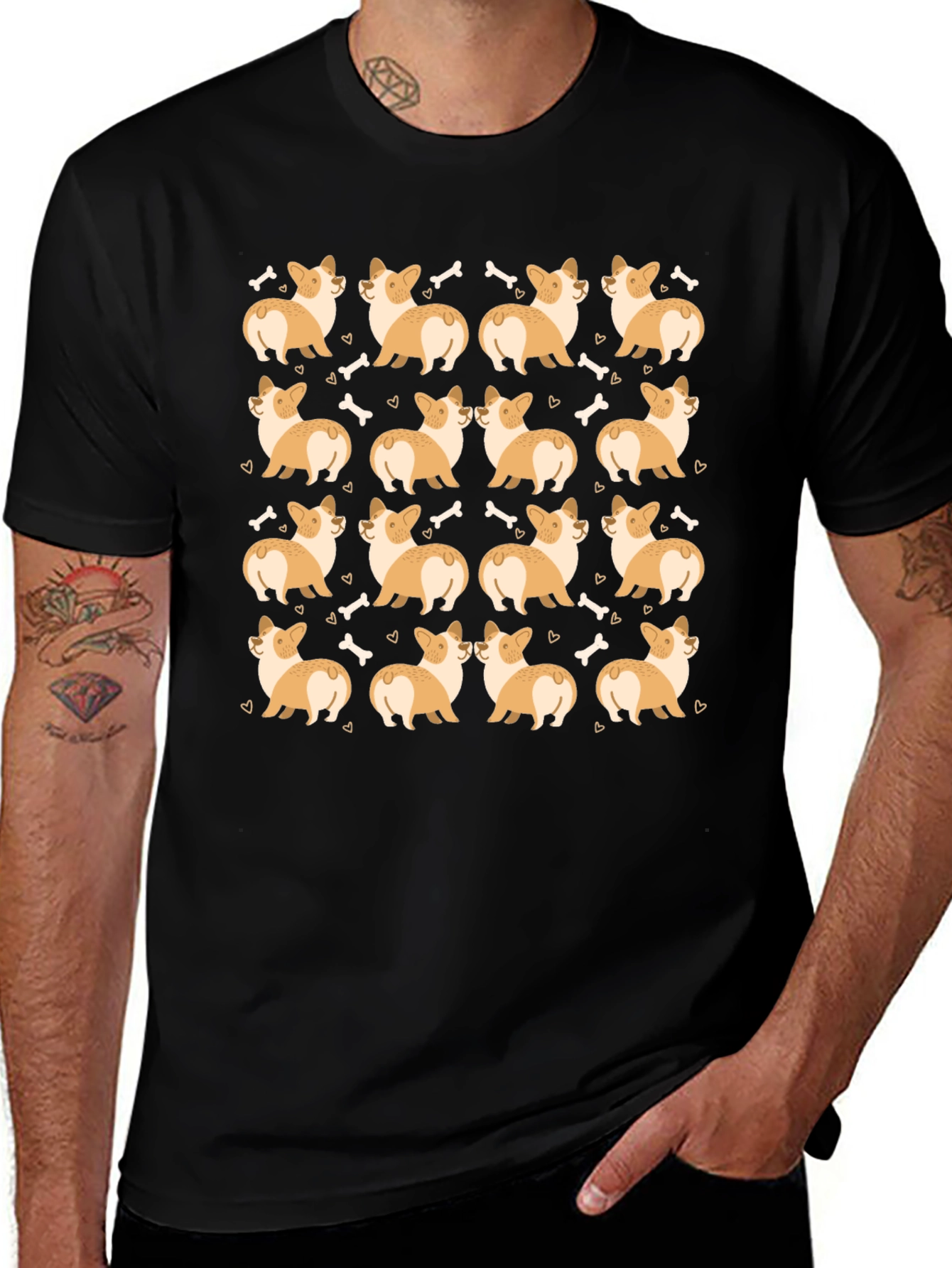 Corgi Dog Pattern Black T-Shirt