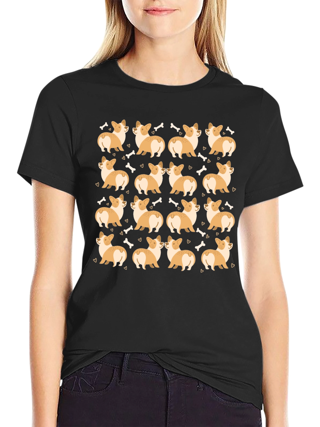 Corgi Dog Pattern Black T-Shirt