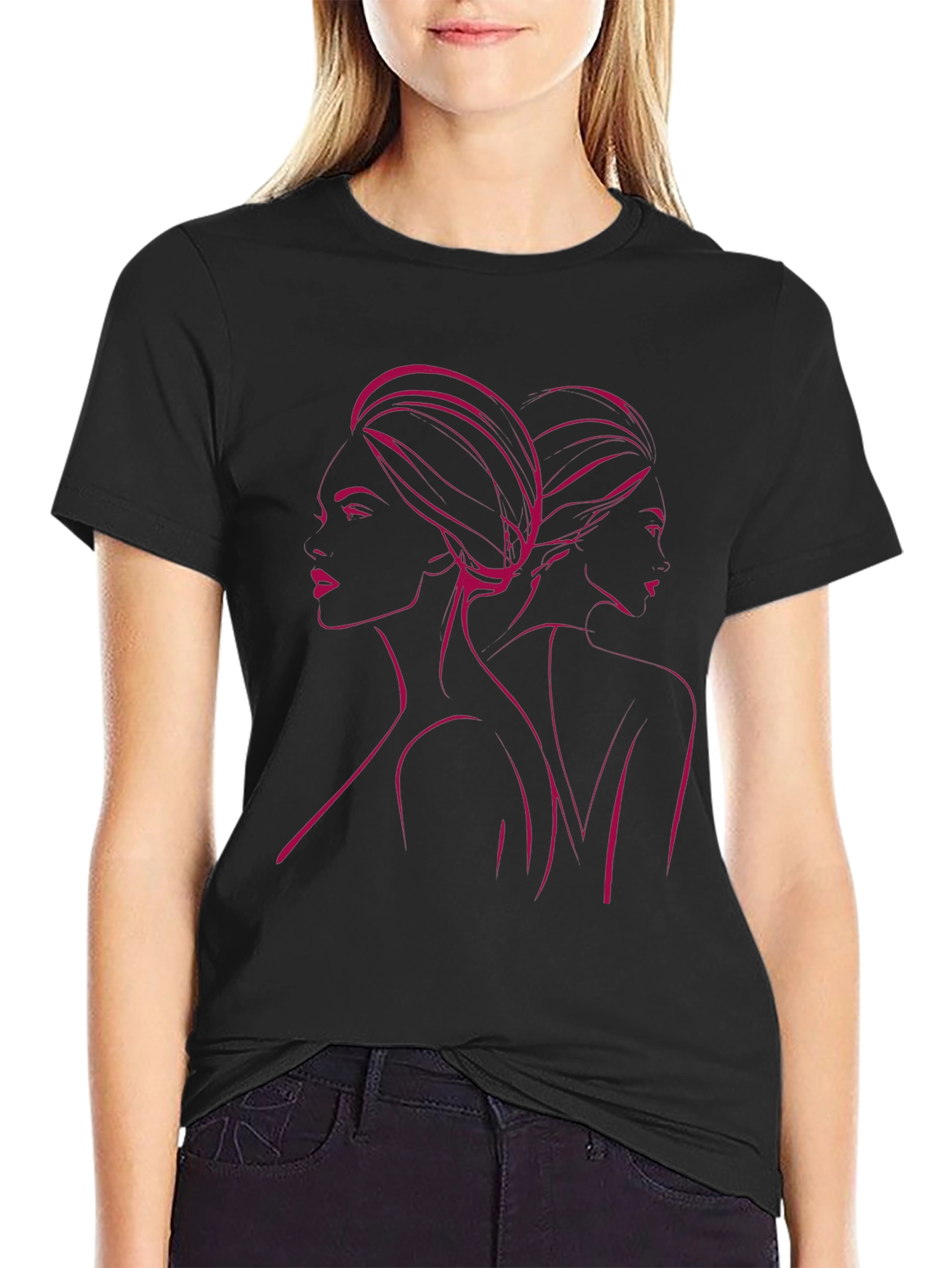 Stylish Black T-Shirt with Woman Portrait Design